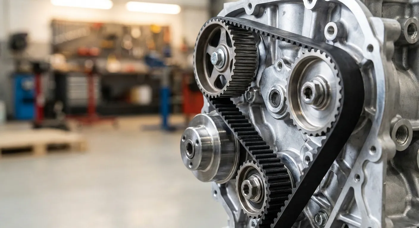 Gros plan sur la courroie de distribution du moteur PureTech.