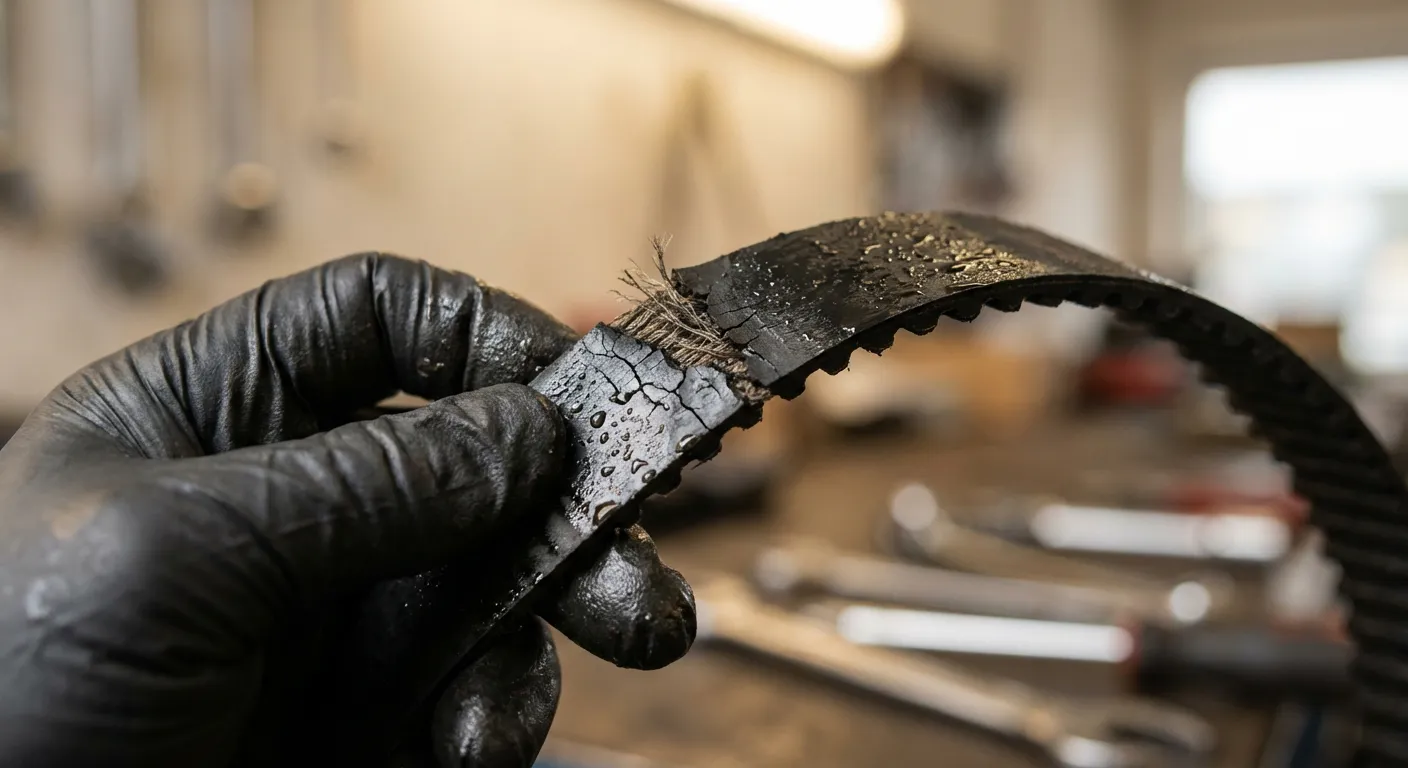 Détail macro de la dégradation d'une courroie par l'huile