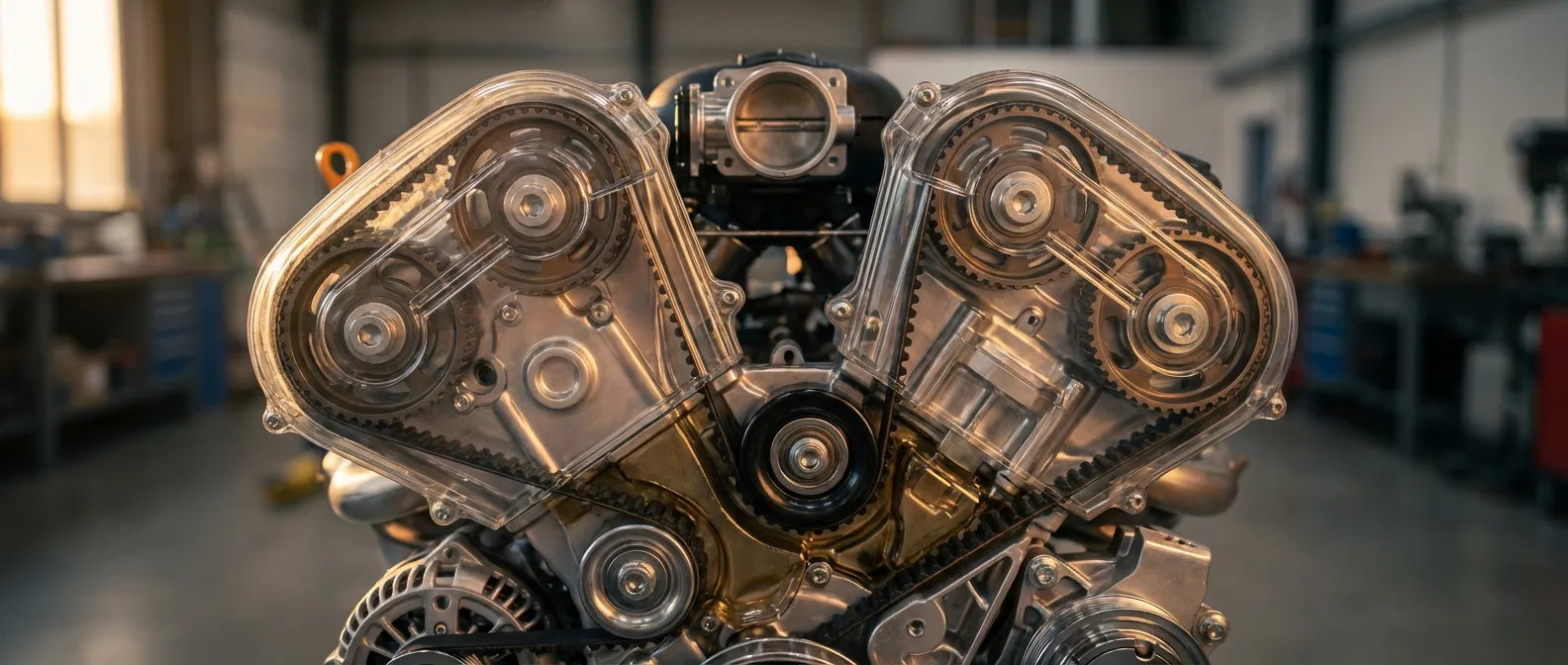 Gros plan cinématographique d'un moteur moderne avec système de courroie à bain d'huile