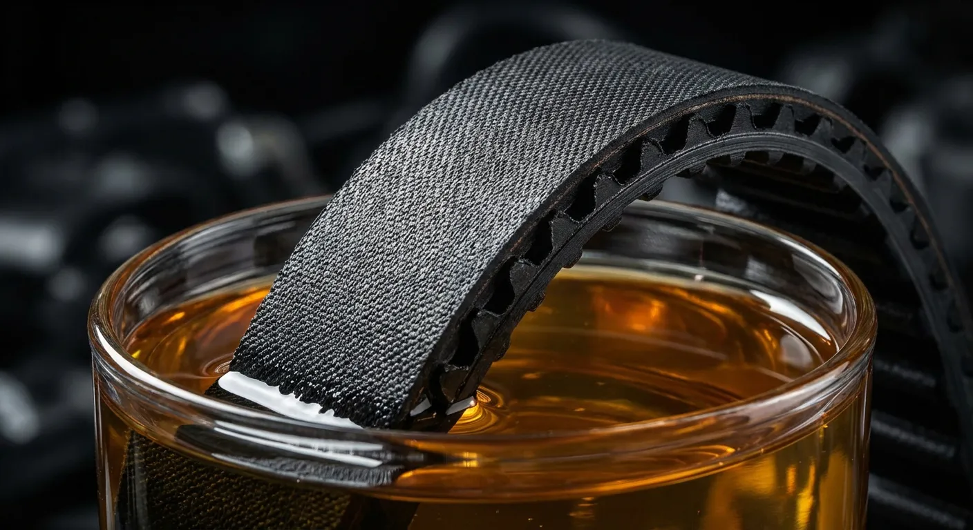 Miniature d'une courroie de distribution plongée dans l'huile moteur