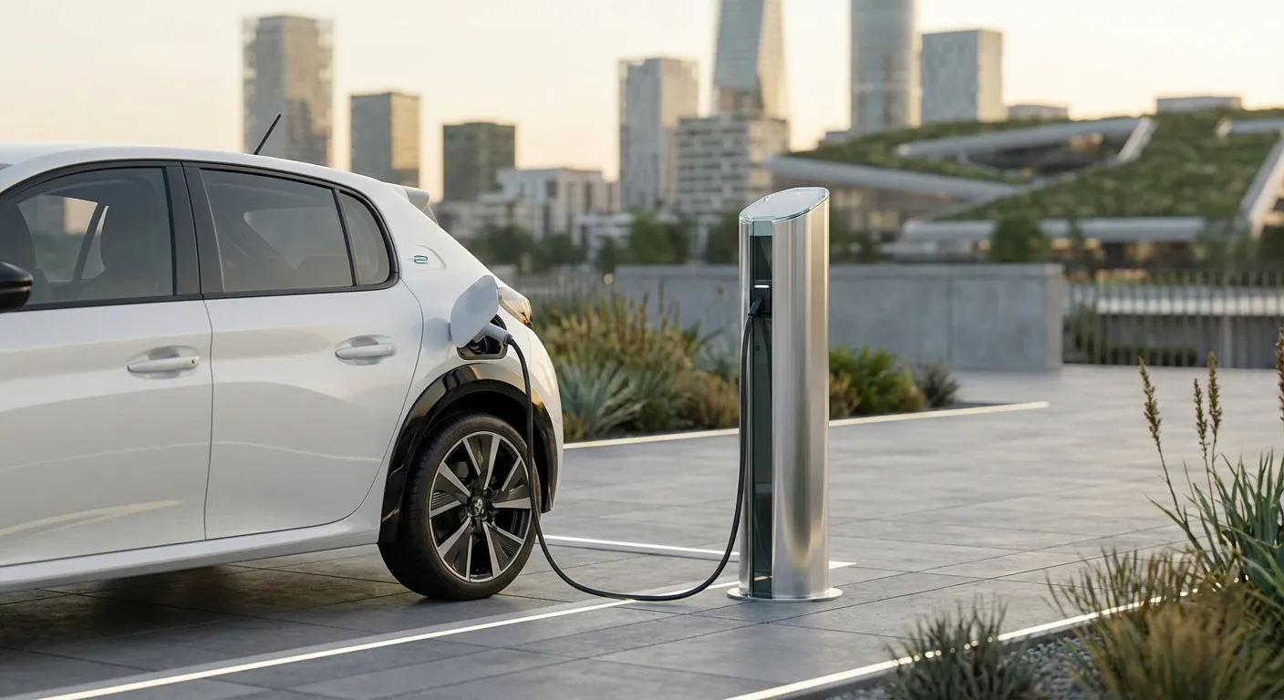 Peugeot e-208 électrique en recharge à une borne urbaine