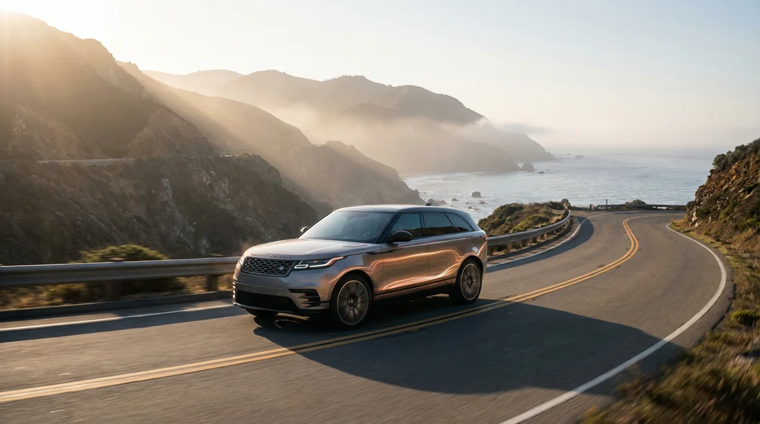 Un SUV de luxe circulant sur une route côtière au lever du soleil, illustrant le voyage intelligent entre mécanique et digital.