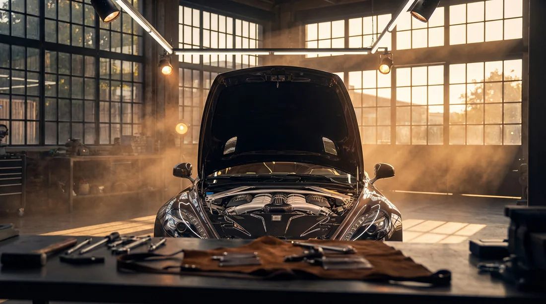 Moteur de voiture de luxe mis en valeur par une lumière dorée dans un atelier de haute technologie