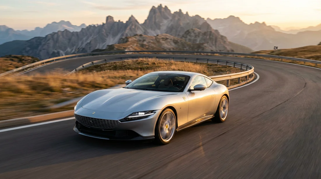 Une voiture de grand tourisme parcourant une route de montagne au coucher du soleil, symbolisant l'excellence routière.
