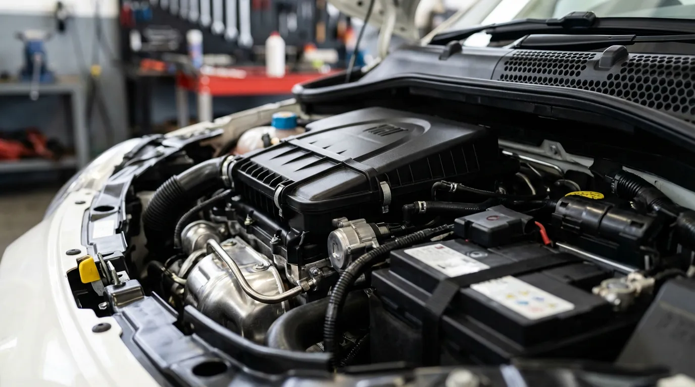 Détail du moteur 1.2 essence de la Fiat Grande Punto pour l'entretien