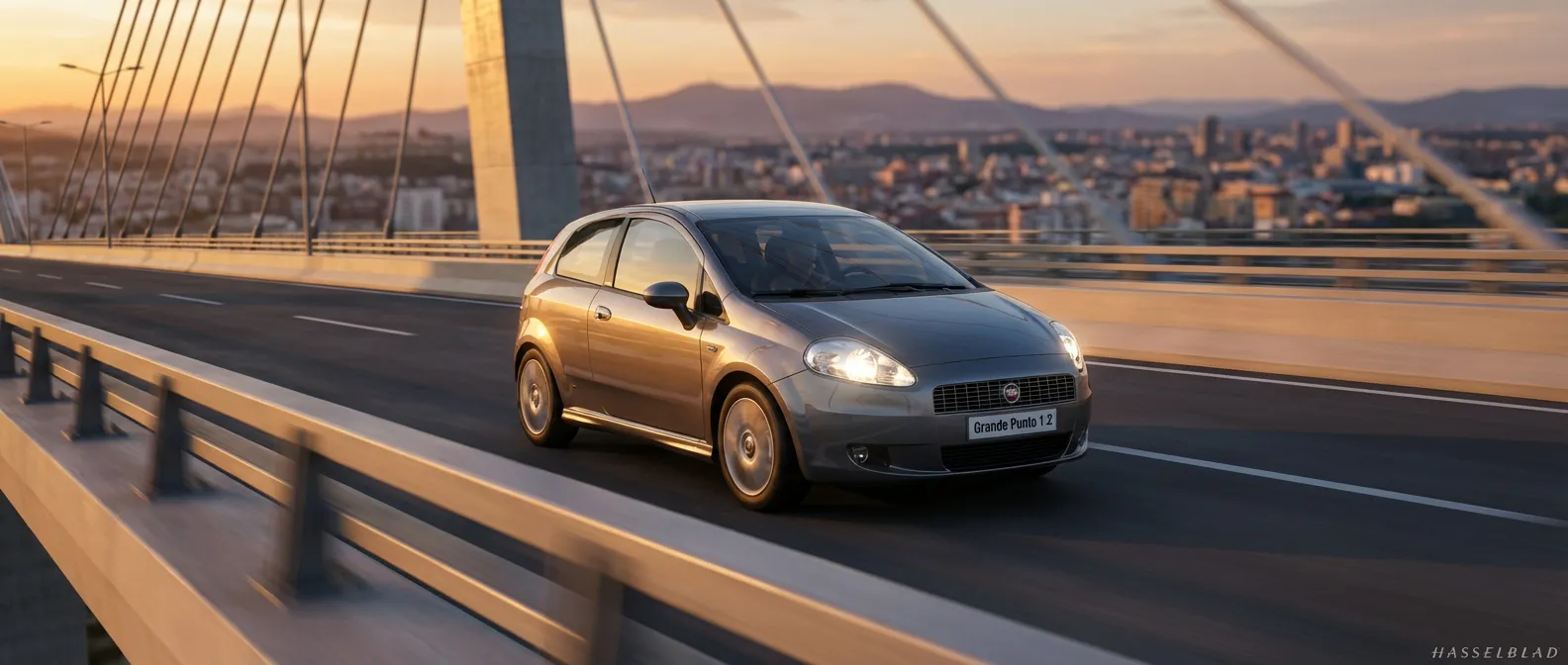 Fiat Grande Punto 1.2 essence circulant sur un pont moderne au coucher du soleil