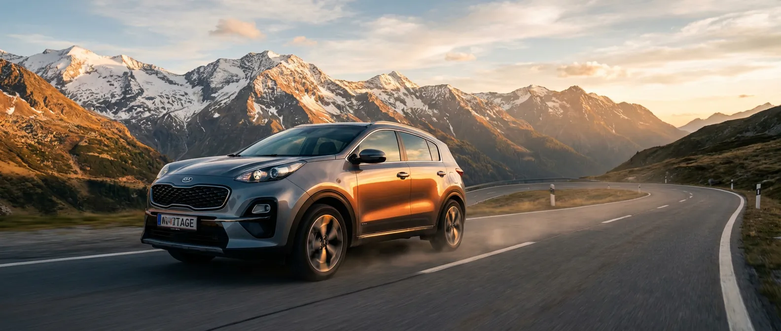 Kia Sportage 1.6 TGDI GPL Business 2WD sur une route de montagne au coucher du soleil