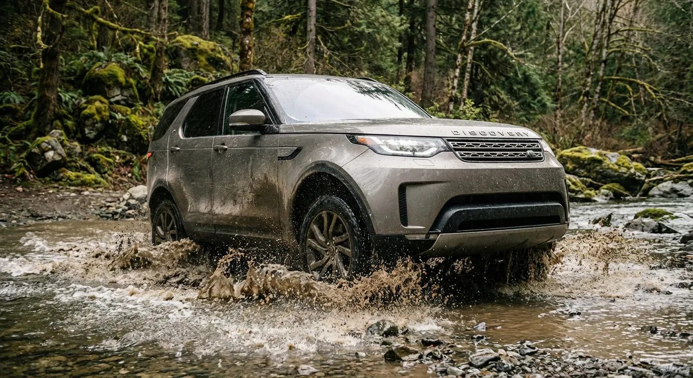 Land Rover Discovery 5 franchissant un cours d'eau en milieu forestier