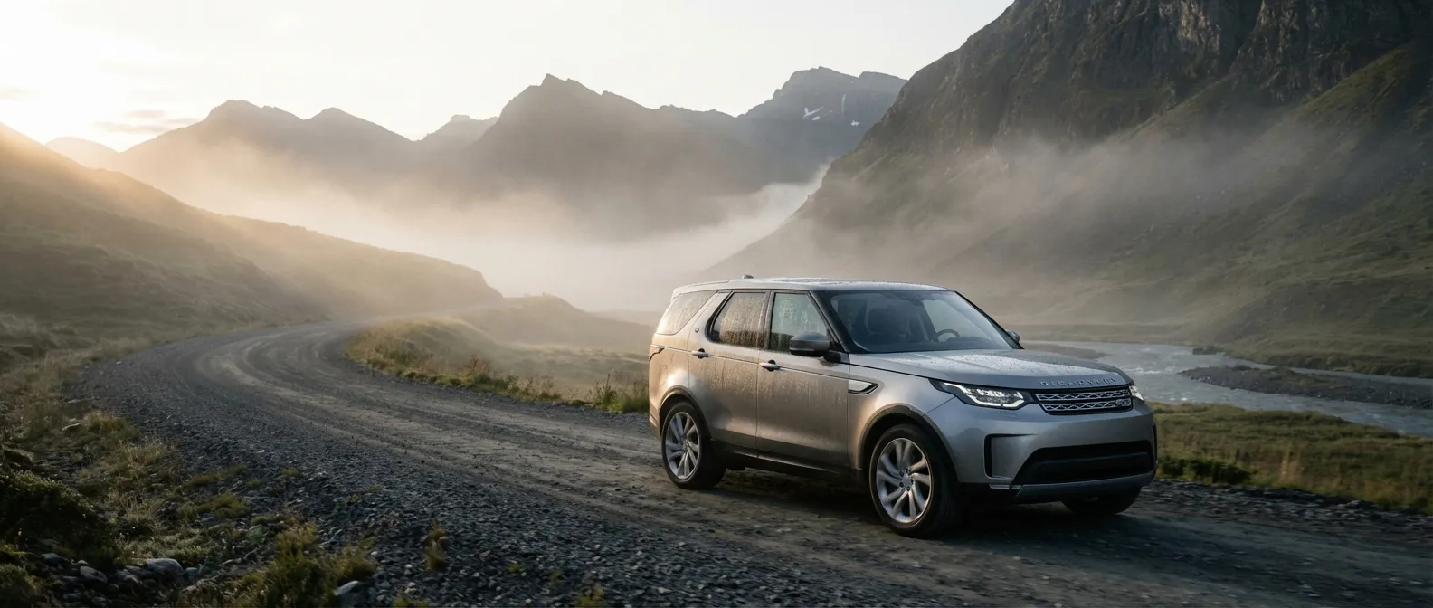 Land Rover Discovery 5 gris argenté sur une route de montagne brumeuse au lever du soleil style cinématographique