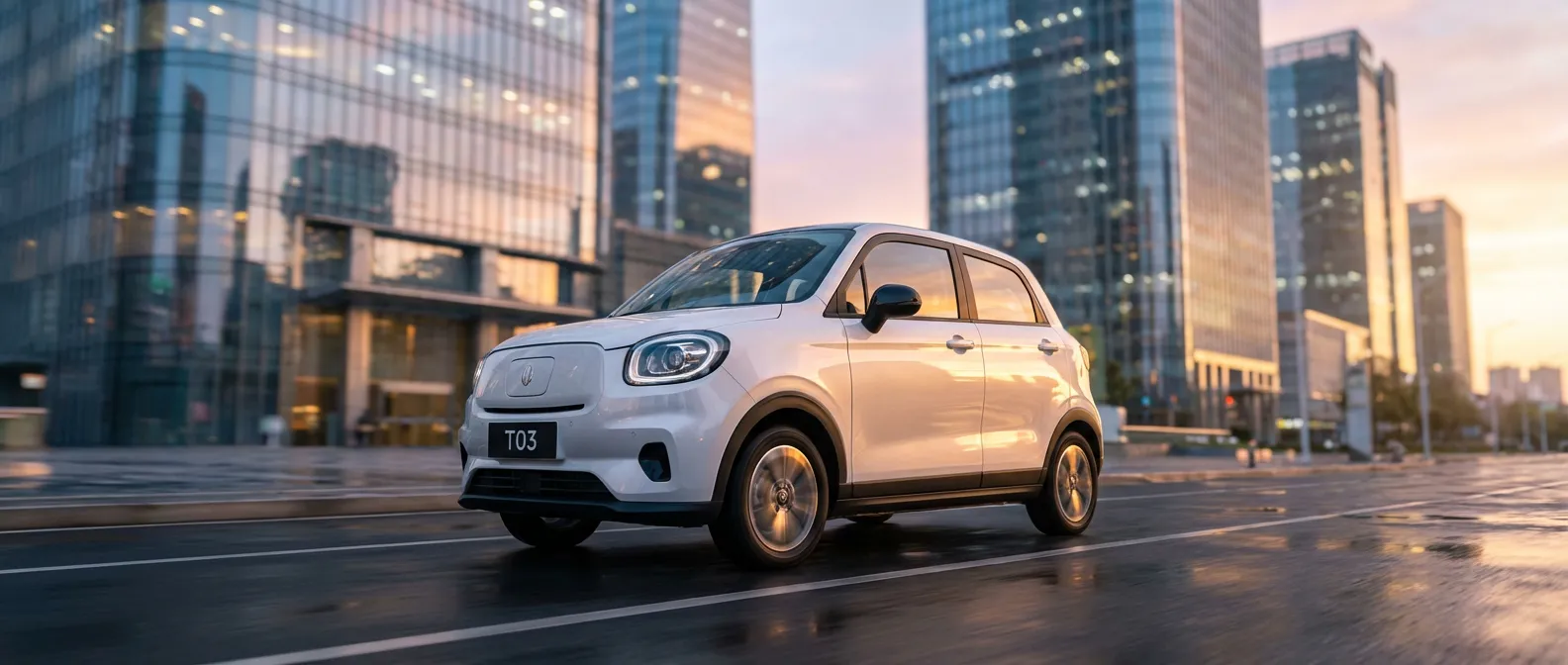Vue panoramique de la Leapmotor T03 circulant dans un quartier moderne au lever du soleil.