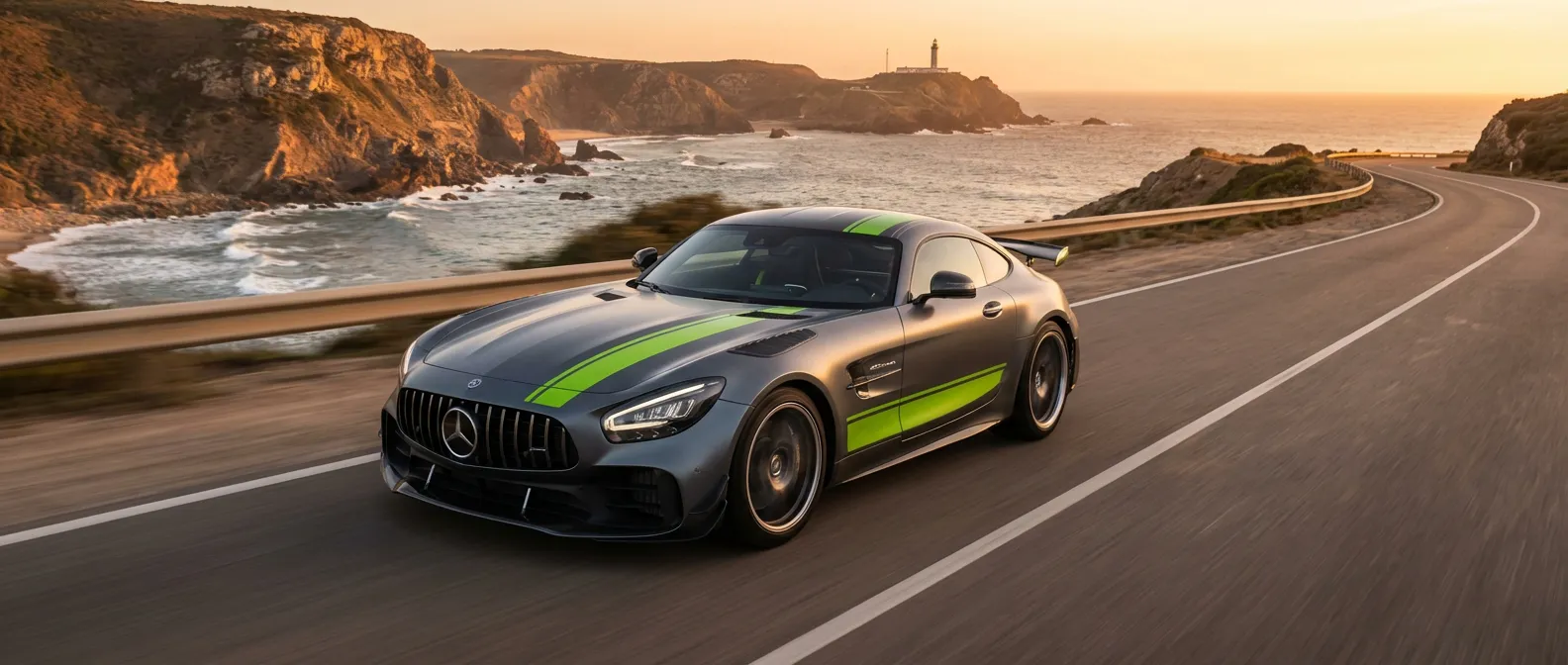 Mercedes AMG GT R Pro : L'excellence aérodynamique Mercedes AMG GT R Pro sur une route de montagne au coucher du soleil