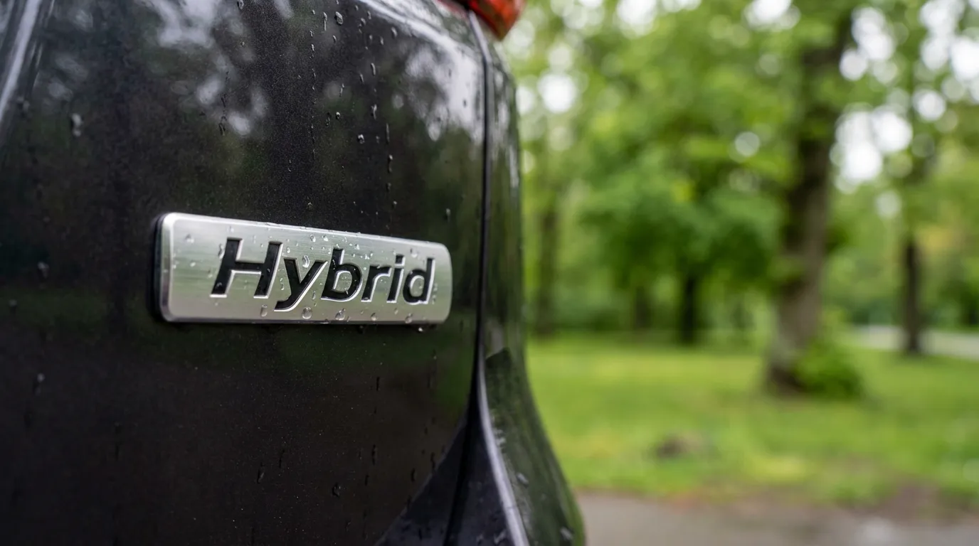 Détail du badge Hybrid sur la carrosserie illustrant l'efficacité énergétique.