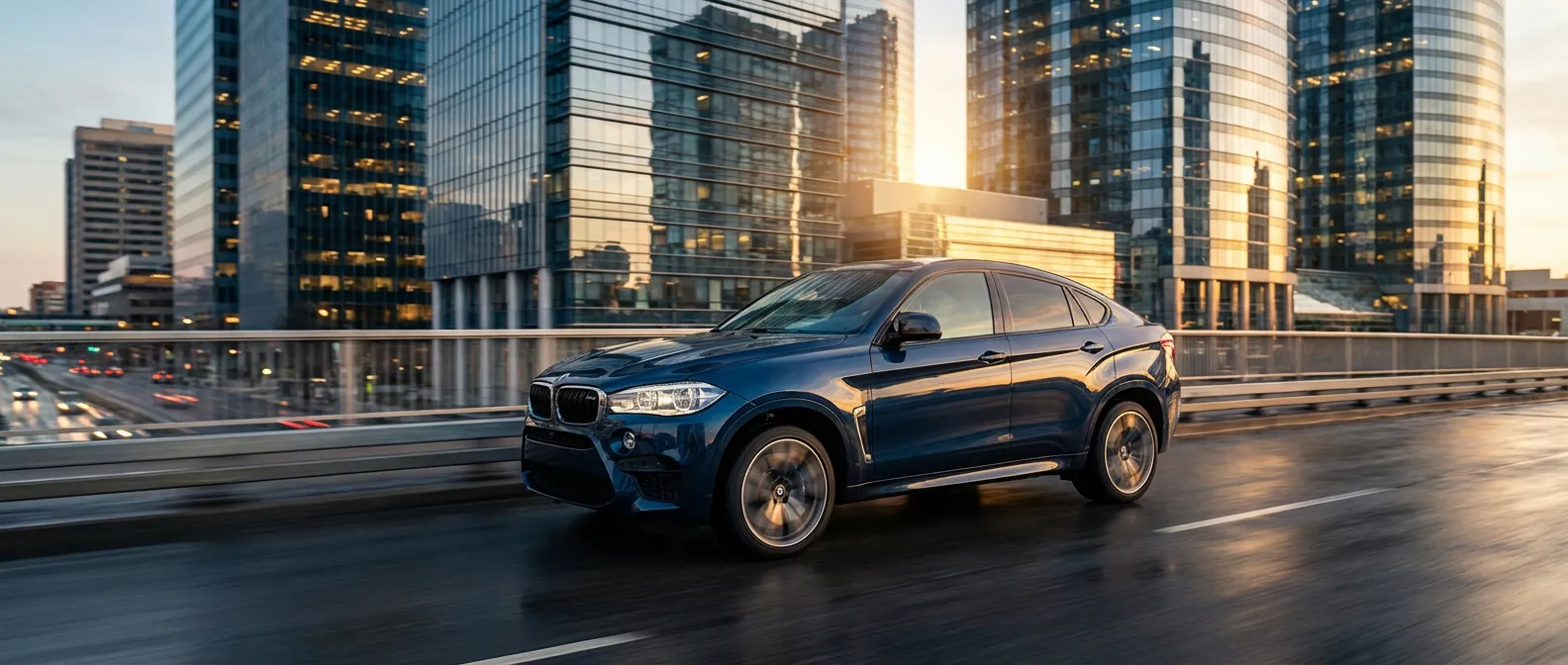 BMW X6 luxueuse circulant dans un quartier moderne au crépuscule