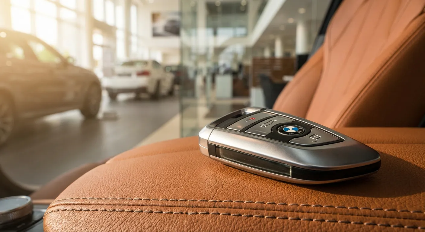 Détail de la clé BMW sur un siège en cuir de luxe
