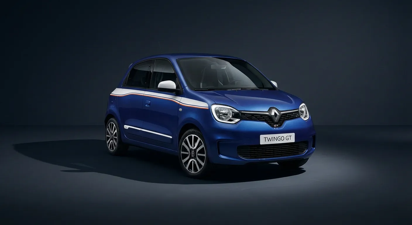 Gros plan iconique de la Renault Twingo GT sur fond sombre