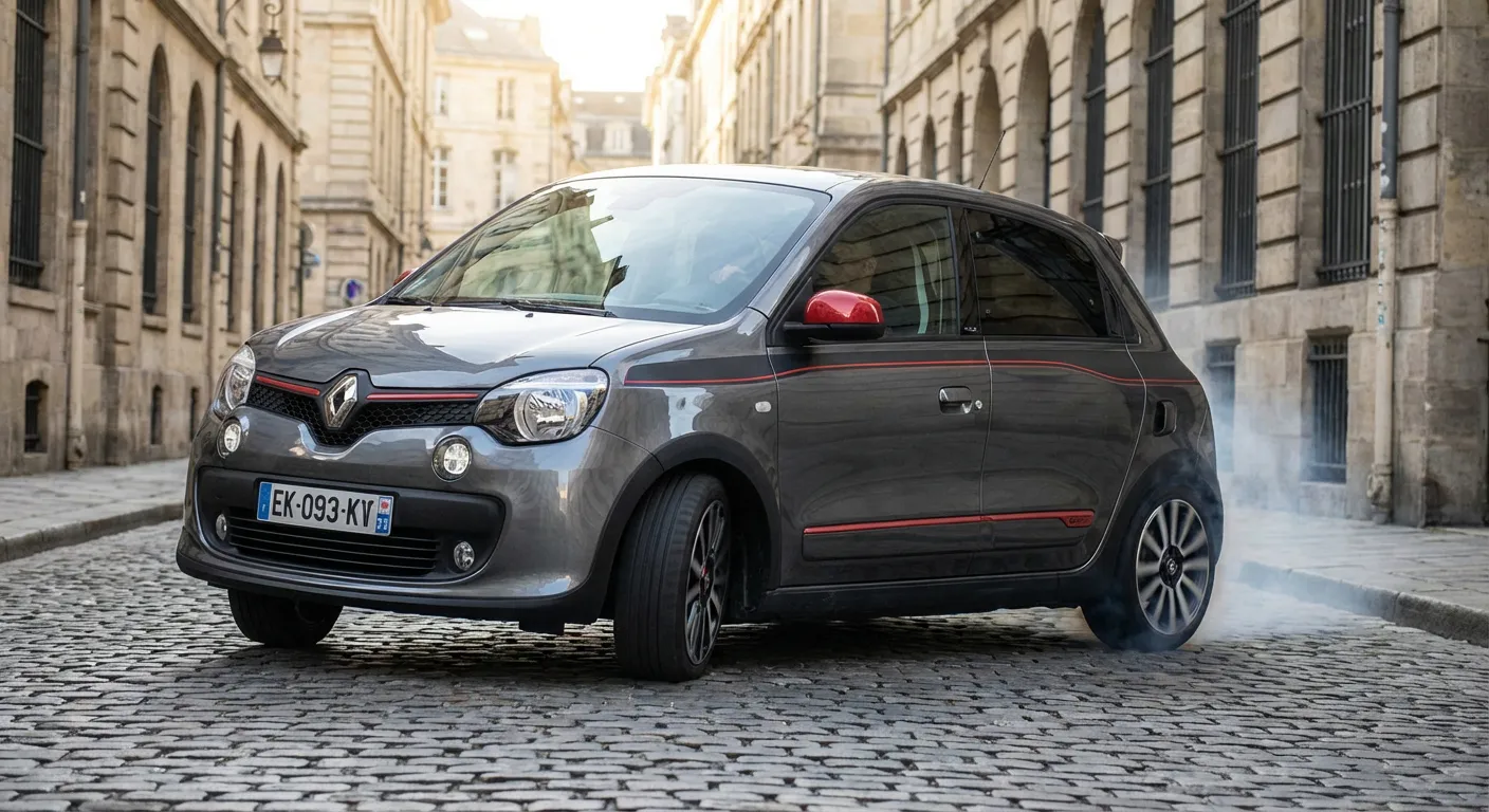 Agilité et propulsion arrière en action Renault Twingo GT faisant preuve d'agilité dans une ruelle étroite