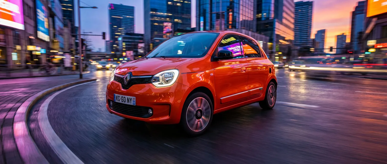 L'énergie urbaine de la Renault Twingo GT Renault Twingo GT orange vif en mouvement dans une ville moderne au crépuscule